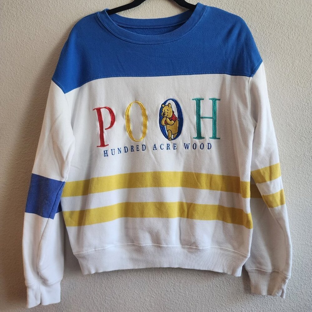 Disney Pooh Sweatshirt Mens Medium Blue White Yellow Hundred Acre Wood Crewneck